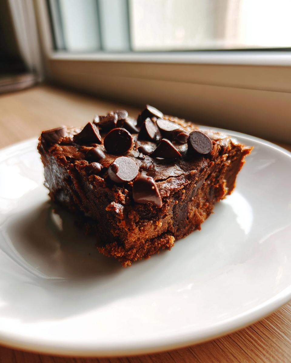 A slice of the This Dessert Feels Illegal It’s So Good brownie, topped with chocolate chips, on a white plate.
