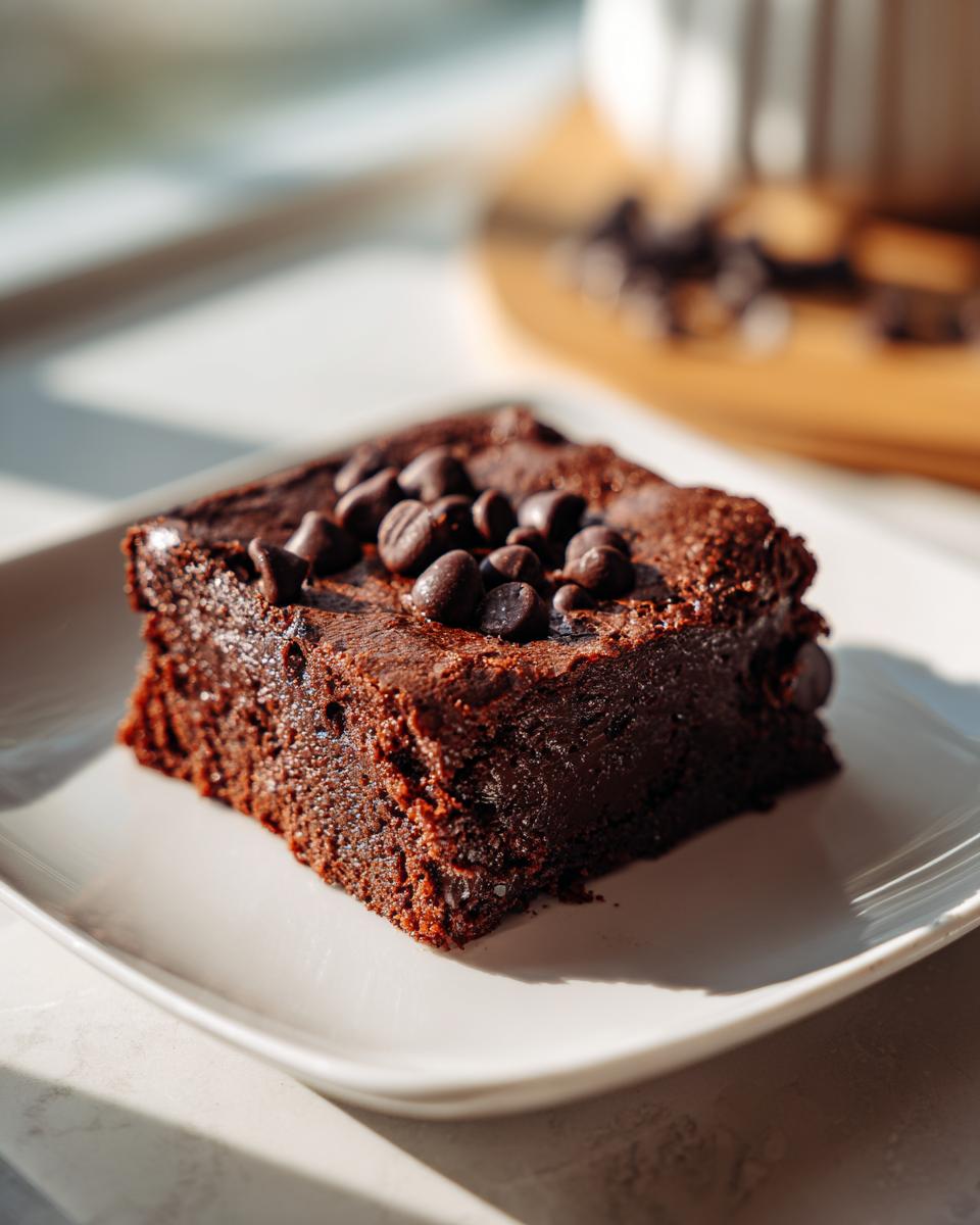 Close-up of a brownie slice topped with chocolate chips. This Dessert Feels Illegal It’s So Good.