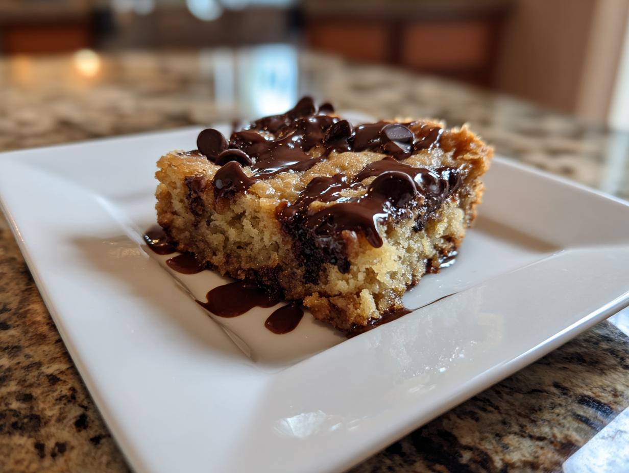 A slice of the This Dessert Feels Illegal It’s So Good dessert, drizzled with chocolate and chocolate chips on a white plate.