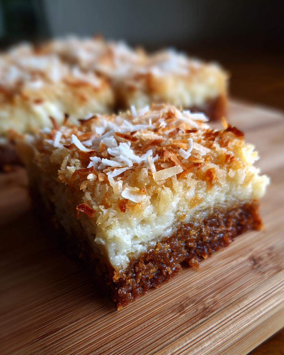 Close-up of a slice of the This Dessert Is Impossible to Mess Up recipe, showing layers and coconut.