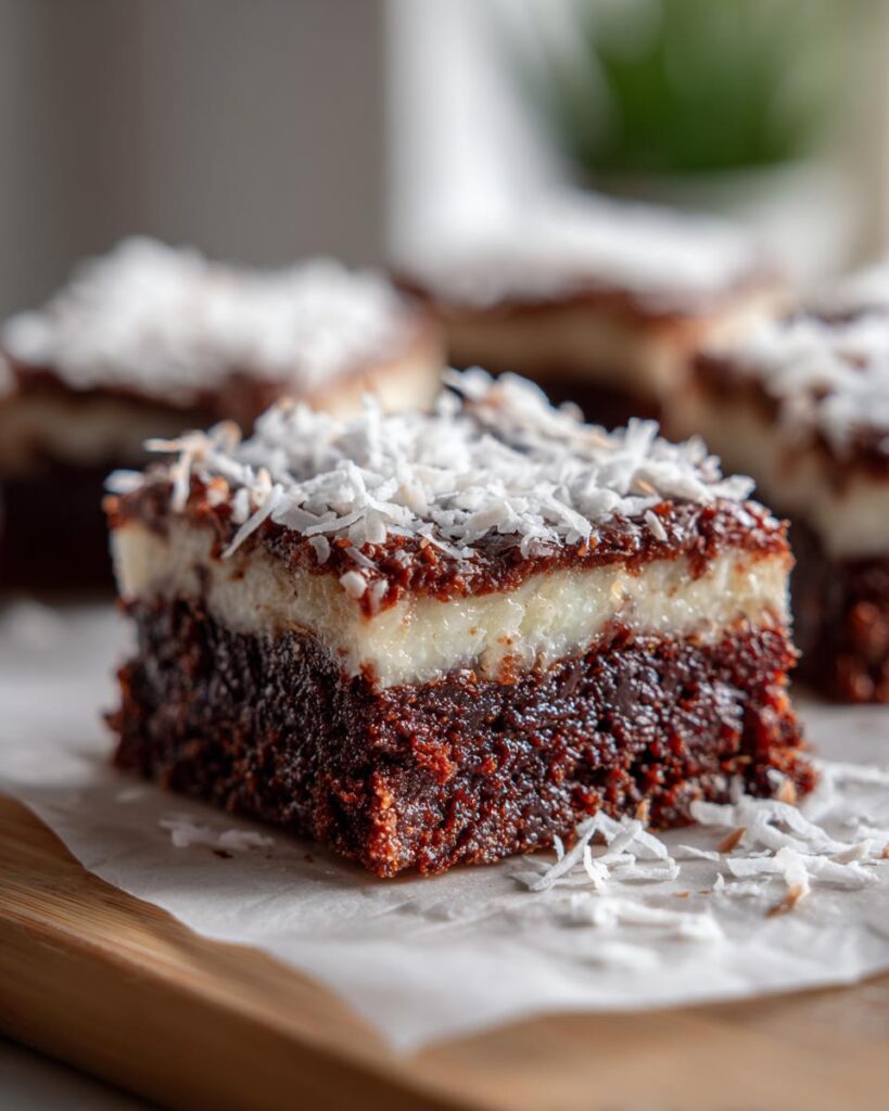 Close-up of a slice of the dessert that is impossible to mess up, topped with coconut.