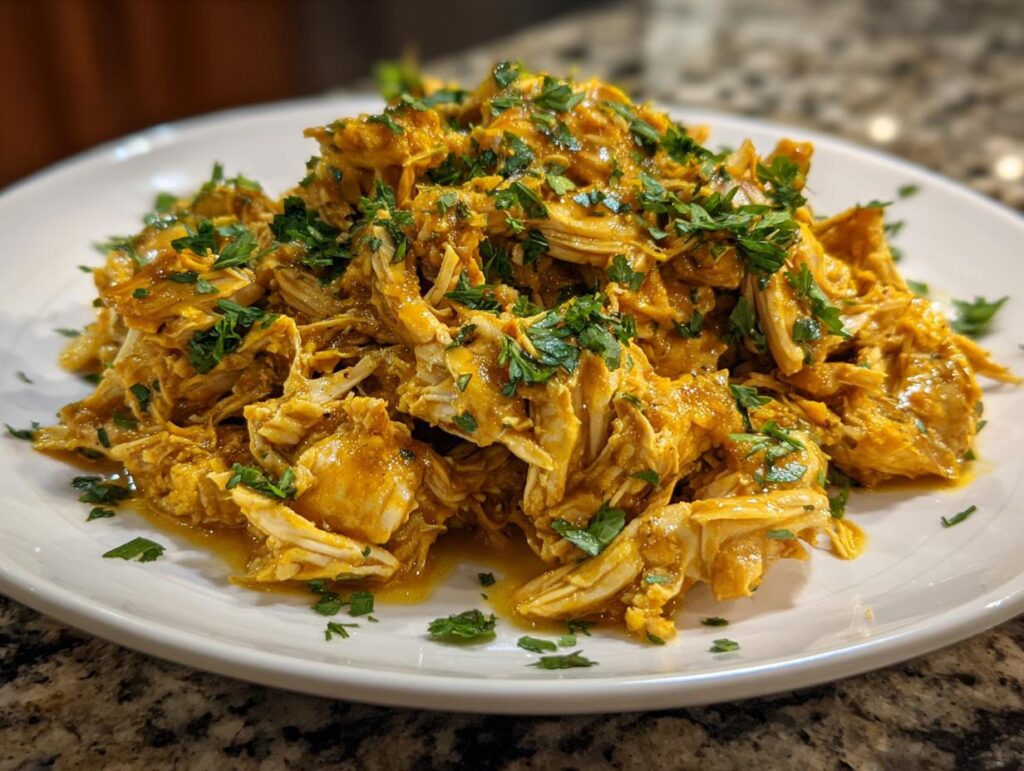A plate of shredded Instant Pot Lemon Chicken, garnished with fresh herbs.