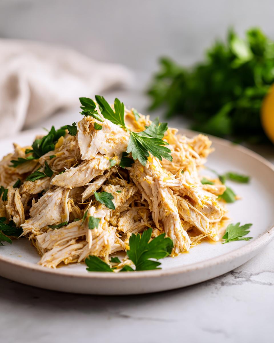 Close-up of shredded Instant Pot Lemon Chicken garnished with fresh parsley on a white plate.