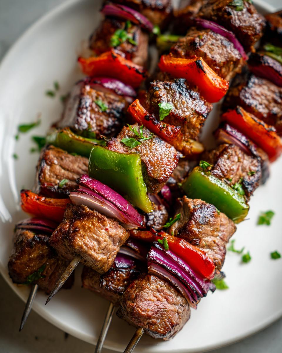 Close-up of delicious grilled Lamb Kabobs with red onion, bell peppers, and lamb.