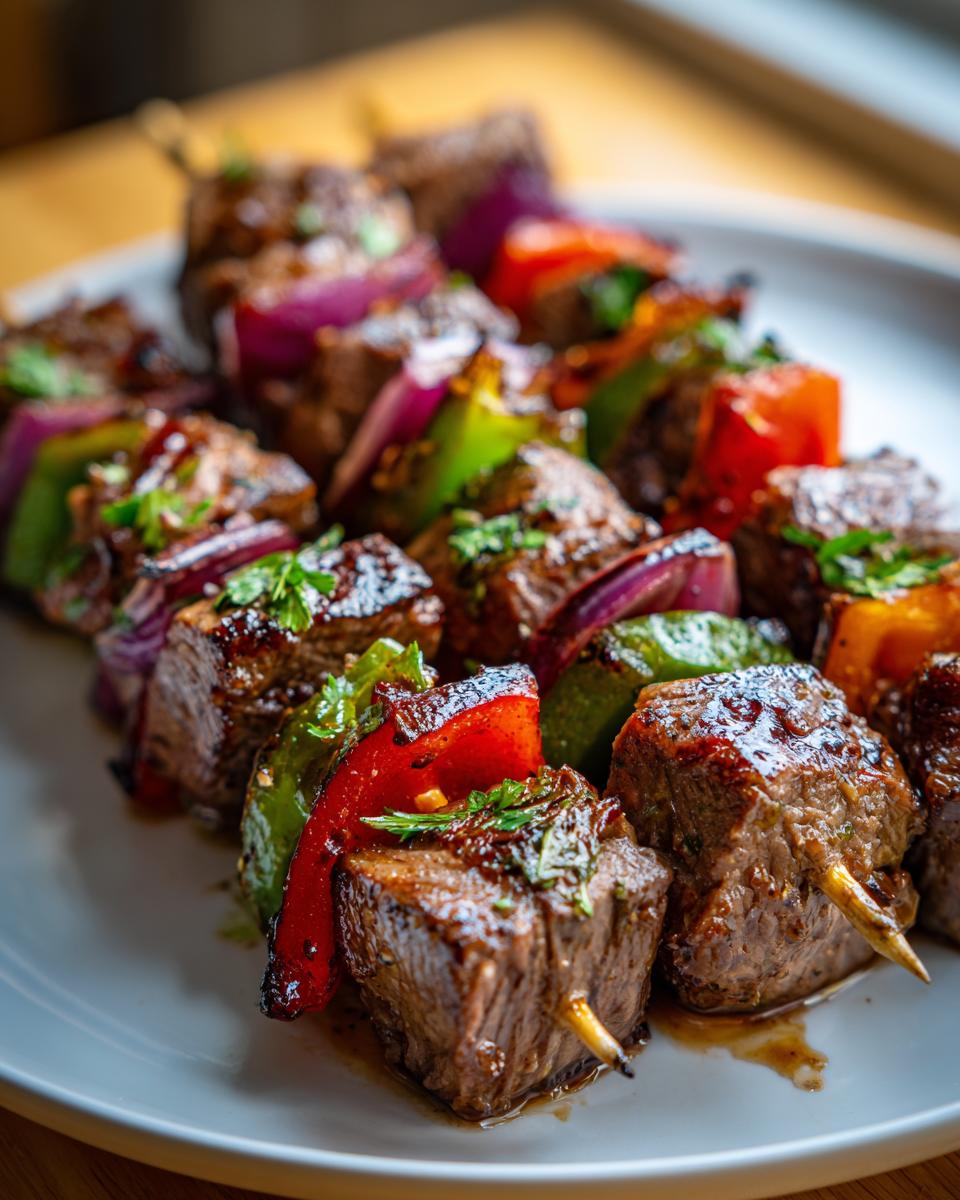 Close-up of delicious Lamb Kabobs with red onion, bell peppers, and herbs.