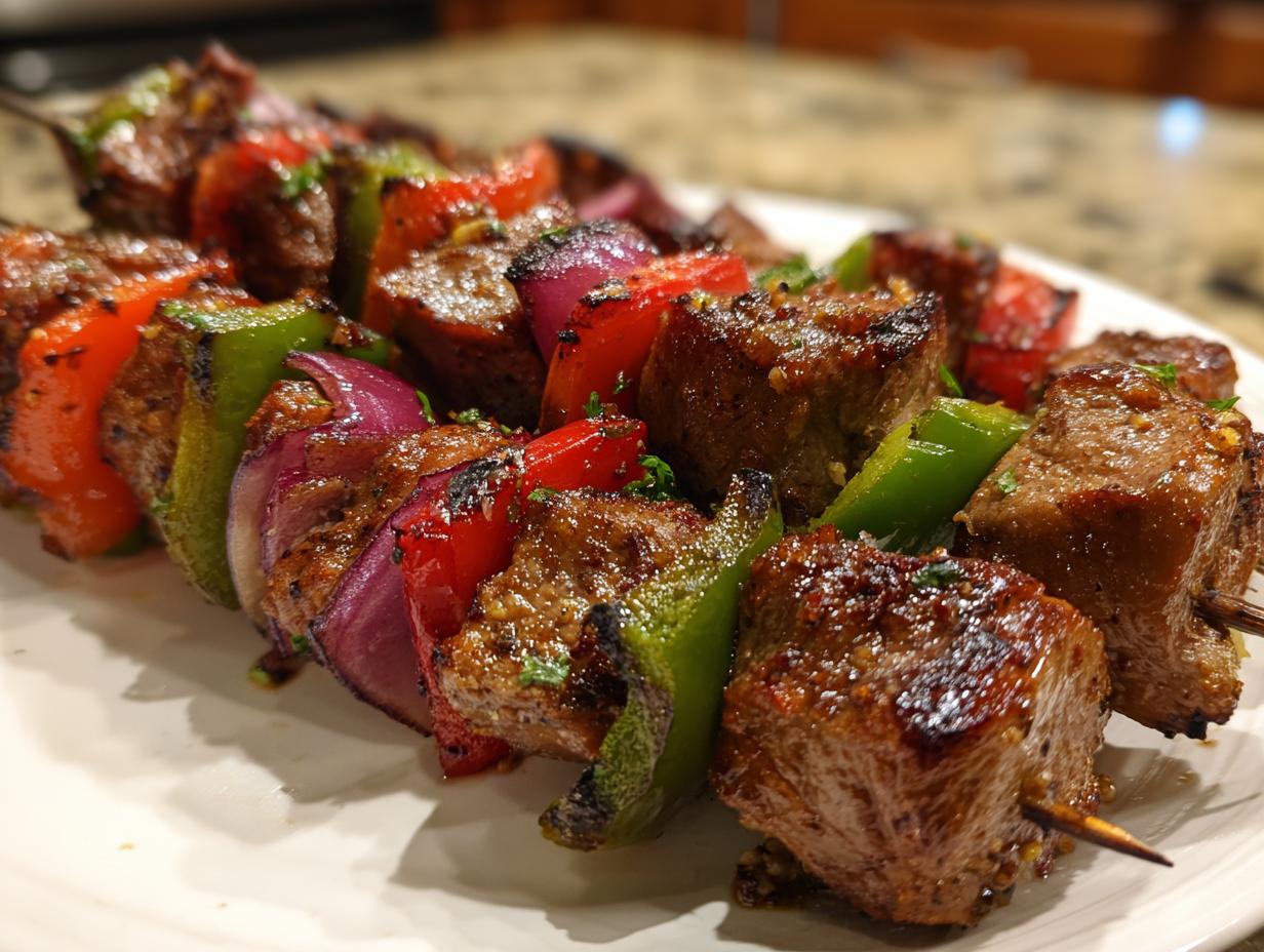 Close-up of delicious grilled Lamb Kabobs with colorful bell peppers and red onion.