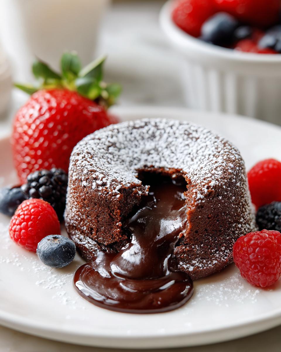 Close-up of a warm, gooey lava cake, the one dessert I always make for guests, with fresh berries.