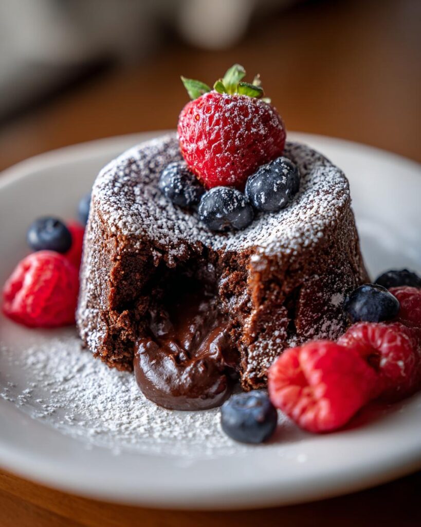 Close-up of a 12-minute lava cake, the one dessert I always make for guests, with a flowing chocolate center and fresh berries.
