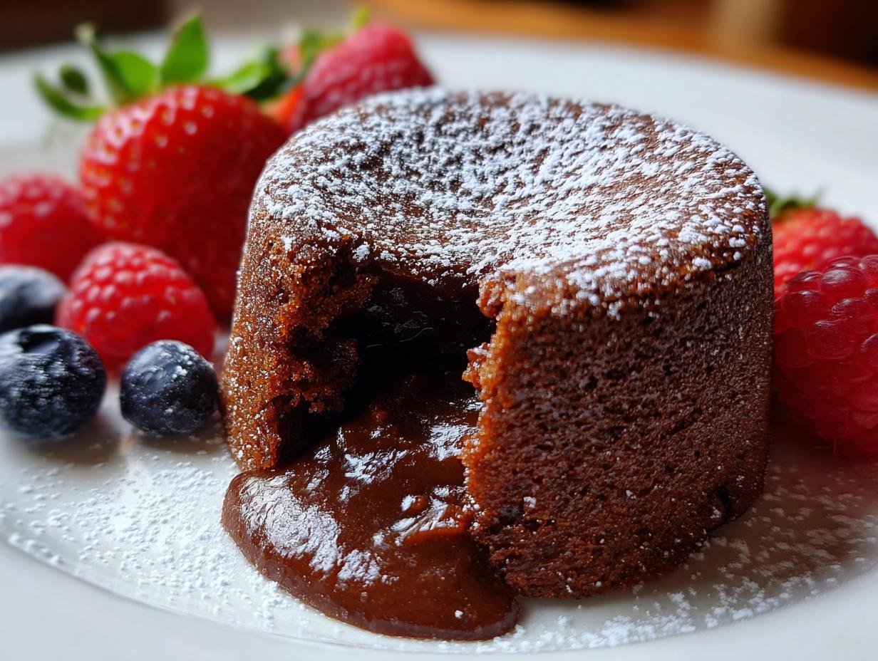 Close-up of a 12-Minute Lava Cake with molten chocolate center, dusted with powdered sugar, and served with fresh berries.