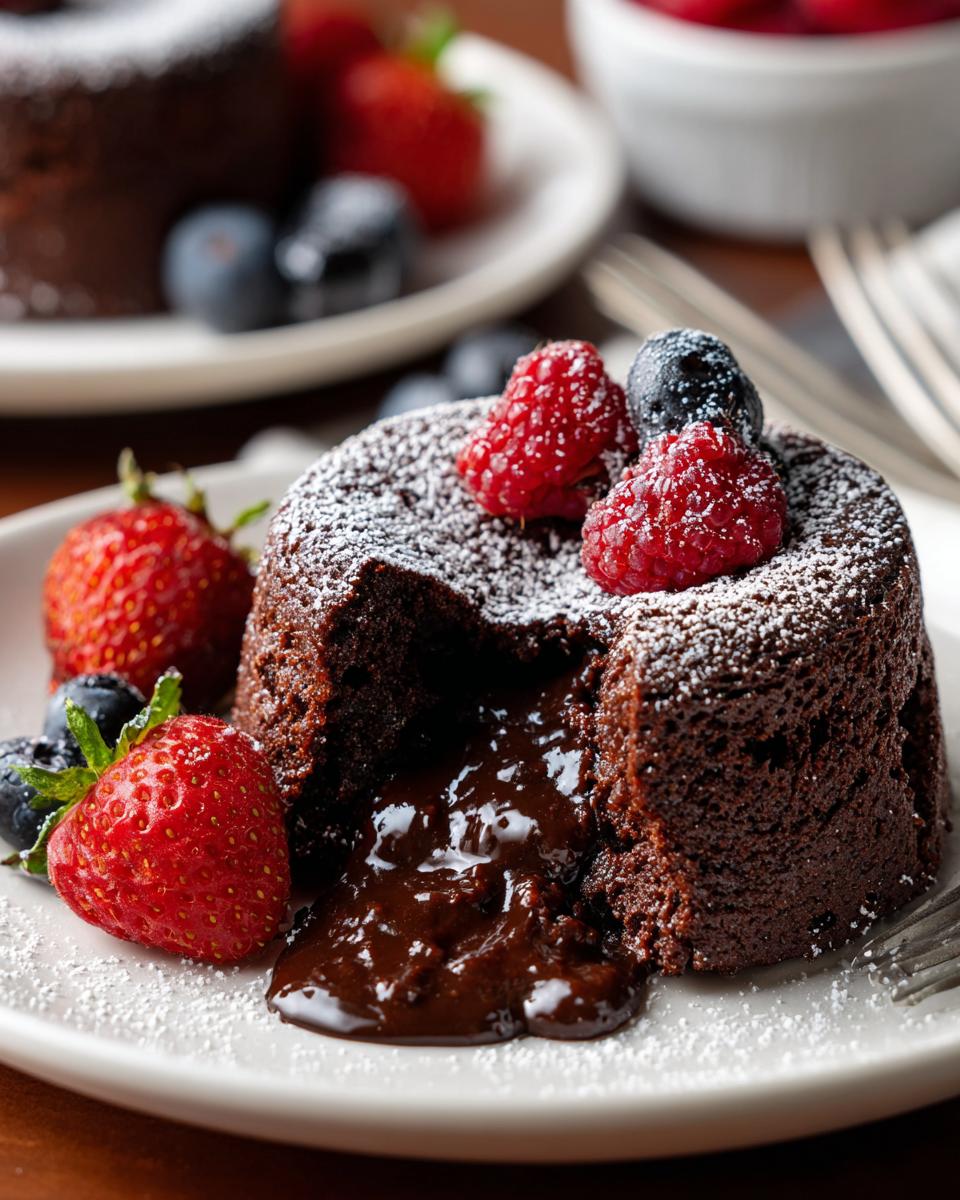 Close-up of a chocolate lava cake with a molten center, topped with berries. The one dessert I always make.
