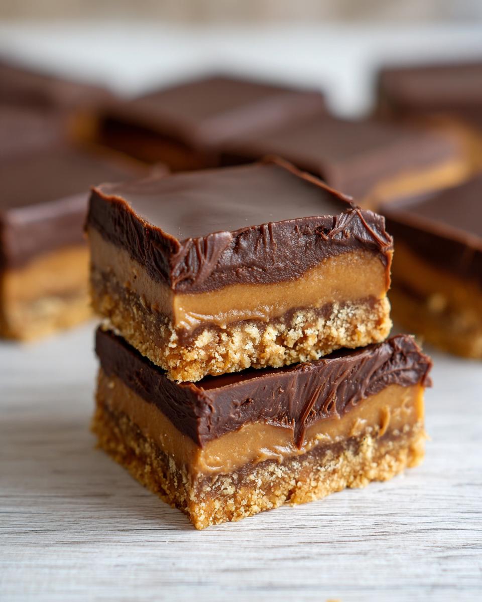 Close-up of two stacked The Lazy Dessert Everyone Needs Right Now bars with chocolate and caramel layers.