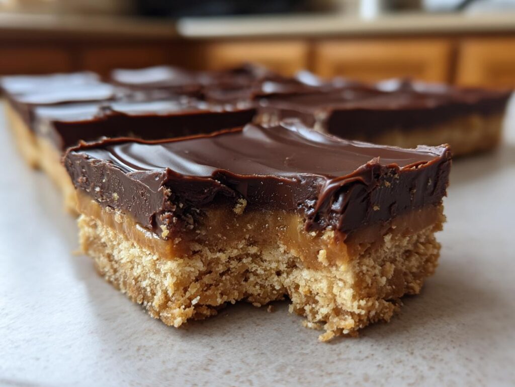 Close-up of a chocolate caramel bar, the perfect lazy dessert.