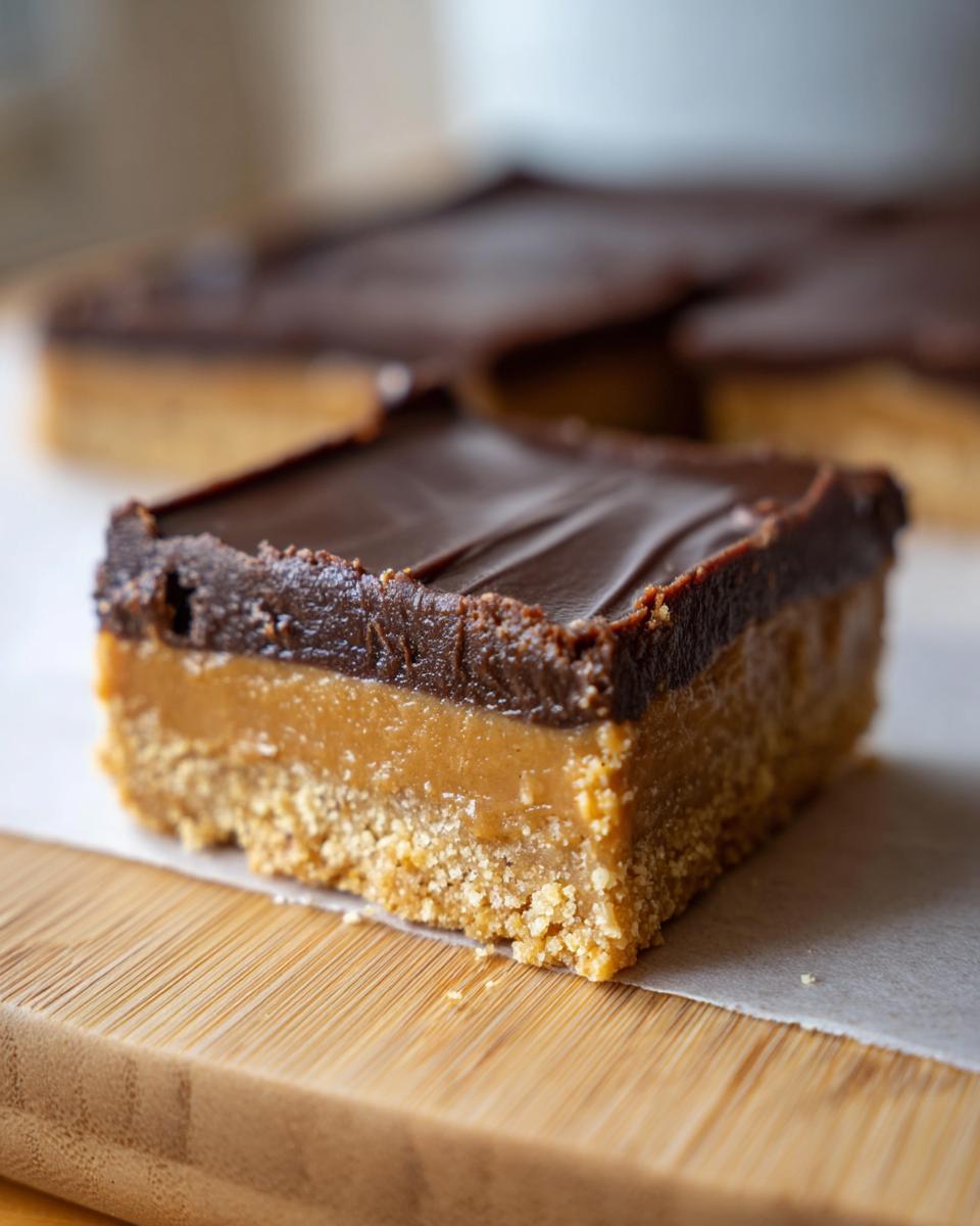 Close-up of a layered dessert bar, the Lazy Dessert Everyone Needs Right Now, with a chocolate topping.