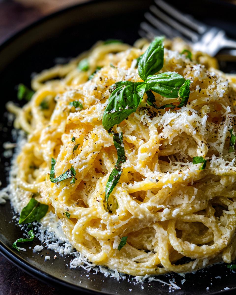Close-up of Lemon Ricotta Pasta served on a black plate, garnished with basil and parmesan cheese.