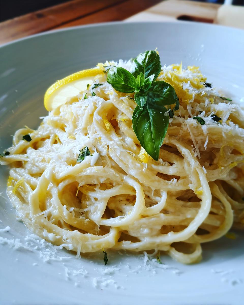 Close-up of Lemon Ricotta Pasta garnished with basil, lemon zest, and parmesan cheese.