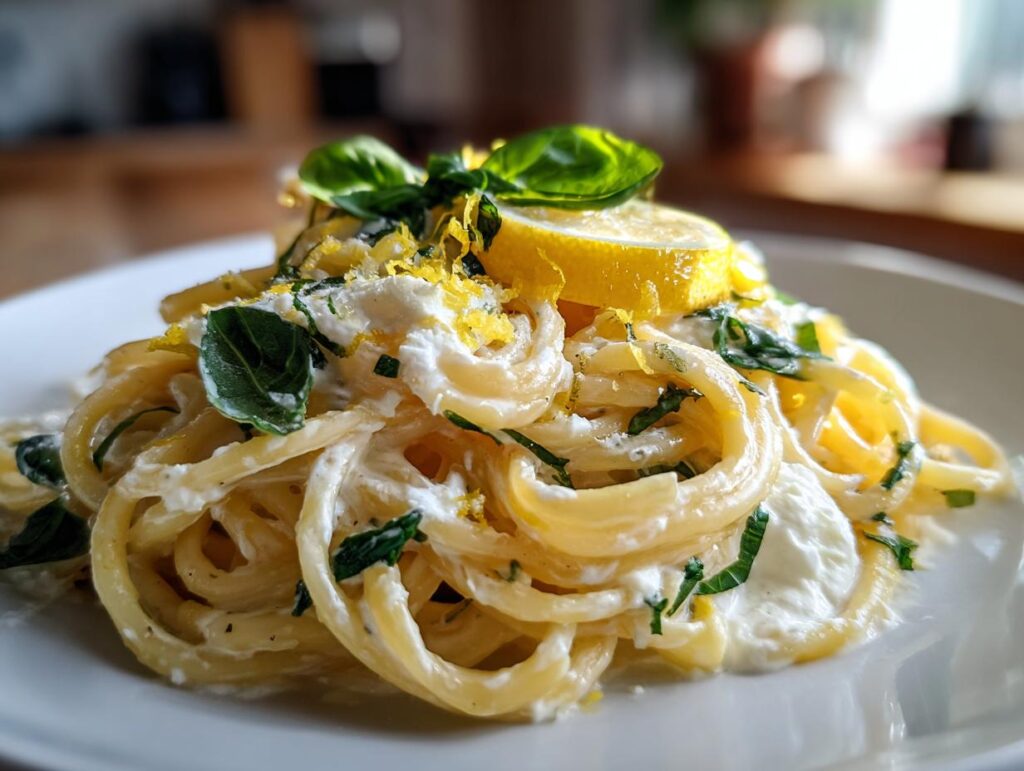 Close-up of Lemon Ricotta Pasta with lemon slice and fresh basil.