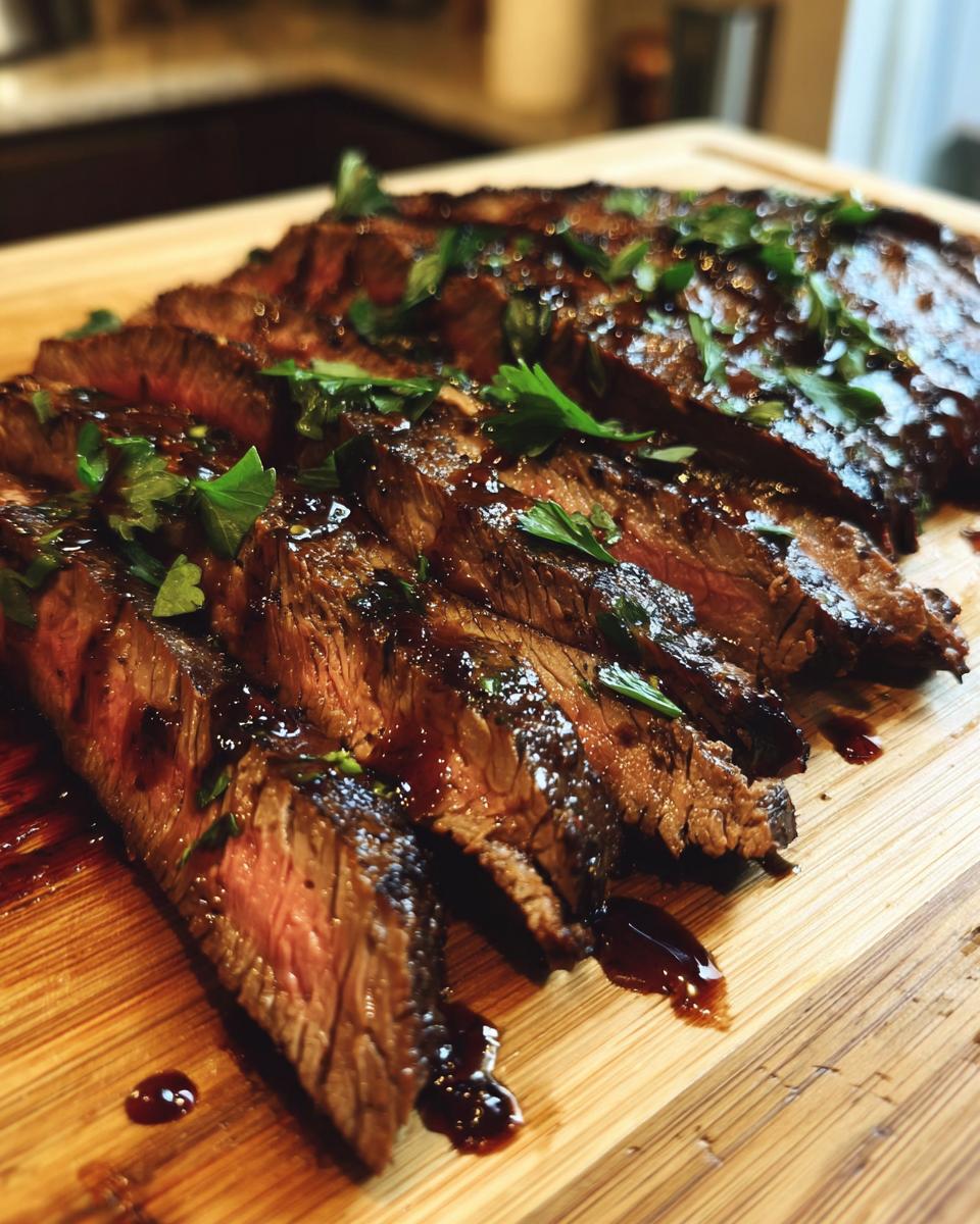 Sliced Lemony Flank Steak with Pomegranate Molasses on a wooden cutting board, garnished with herbs.