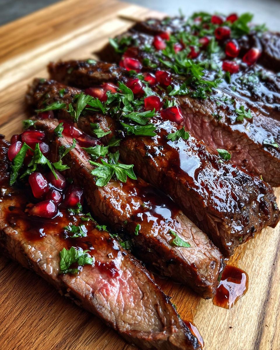 Sliced Lemony Flank Steak with Pomegranate Molasses, garnished with pomegranate seeds and herbs.