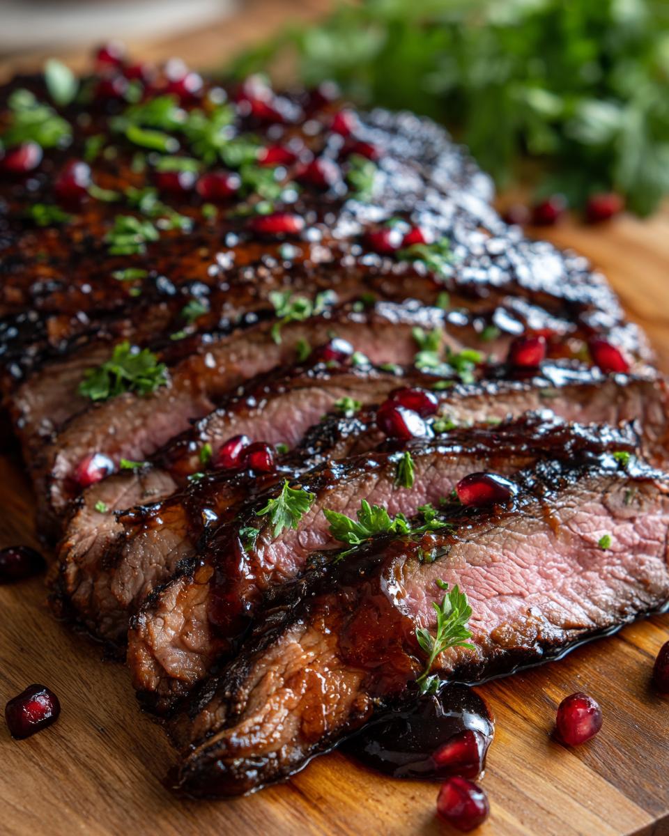 Close-up of sliced Lemony Flank Steak with Pomegranate Molasses, garnished with pomegranate seeds and parsley.