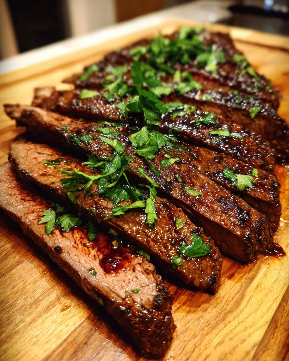 Close-up of sliced Lemony Flank Steak with Pomegranate Molasses, garnished with fresh herbs, on a wooden cutting board.