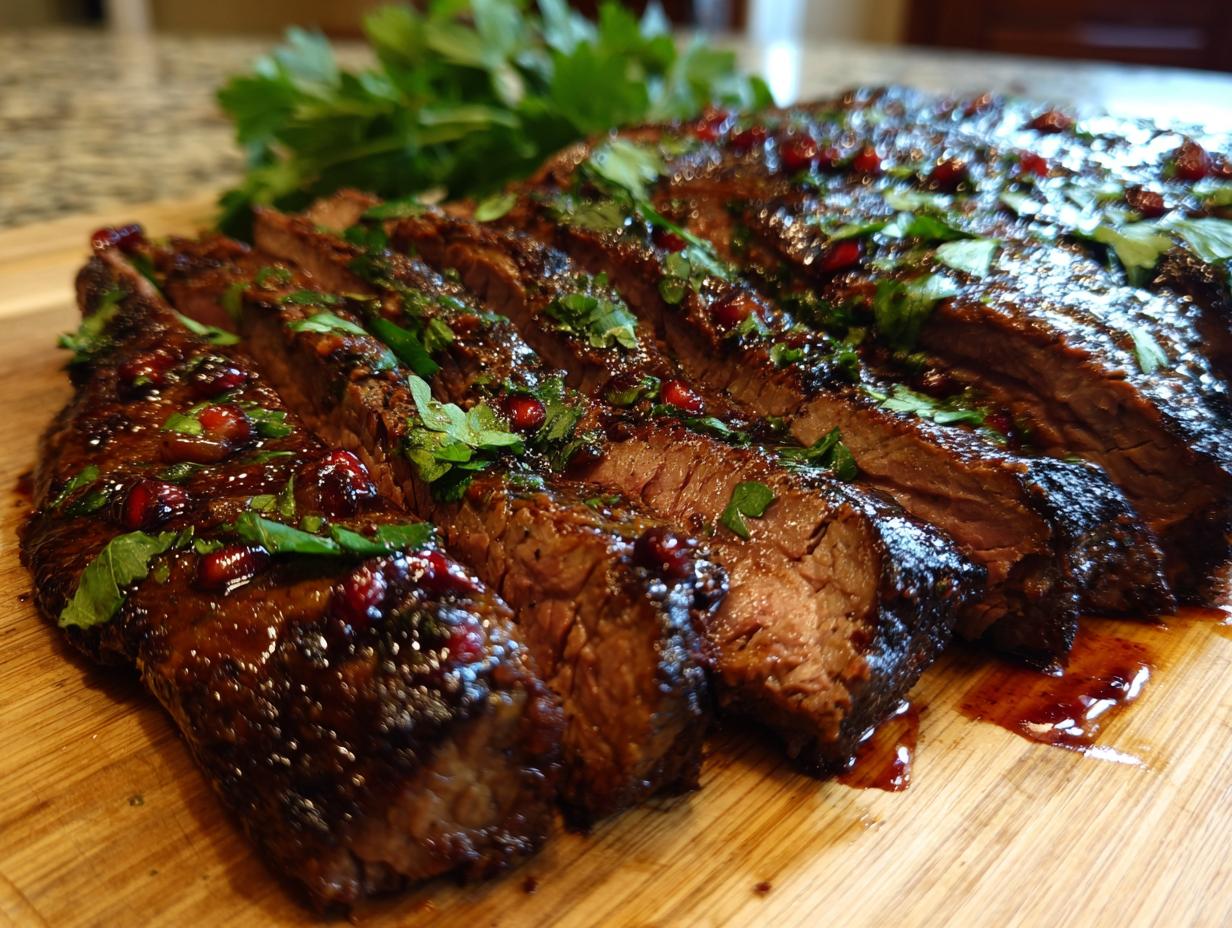 Close-up of sliced Lemony Flank Steak with pomegranate molasses and fresh herbs on a wooden board.