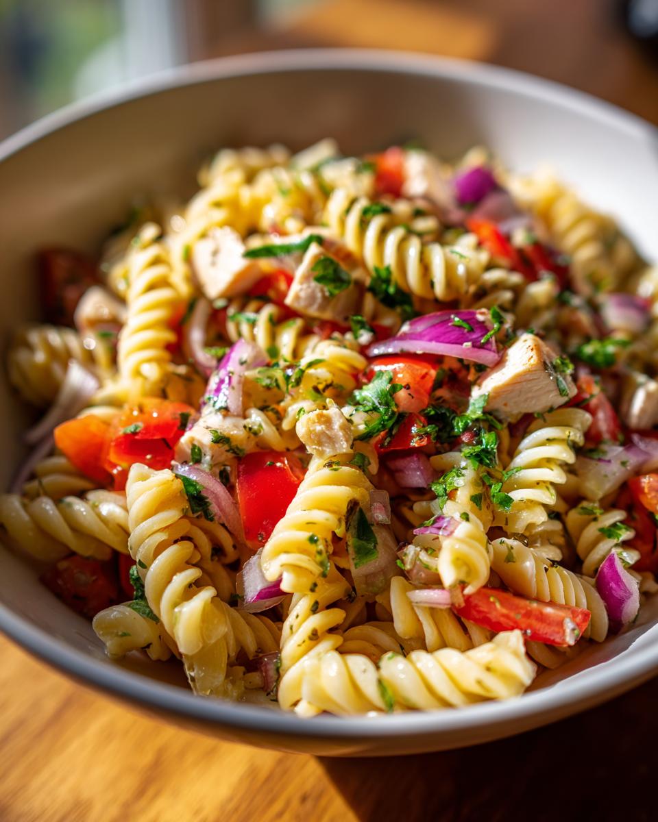 Close-up of a bowl filled with Lime Chicken Pasta Salad, featuring rotini pasta, chicken, tomatoes, and red onion.