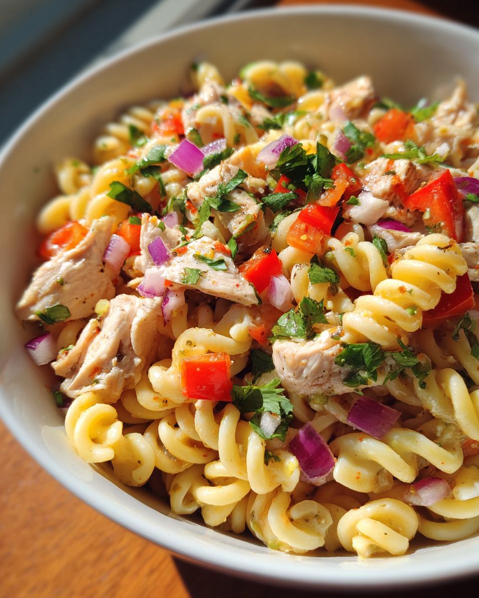 Close-up of a bowl of Lime Chicken Pasta Salad with chicken, tomatoes, red onion, and herbs.
