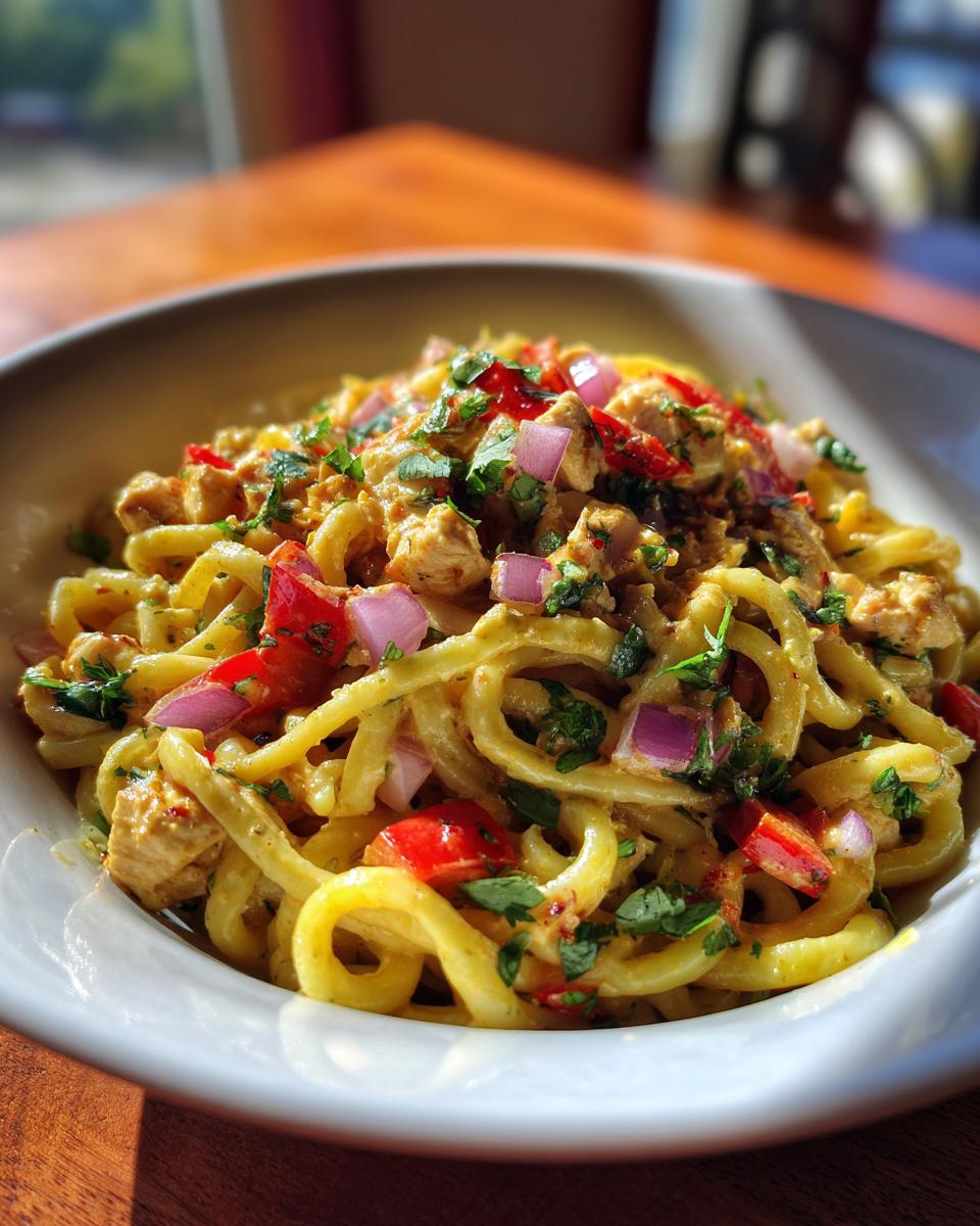 Close-up of a bowl of Lime Chicken Pasta Salad with chicken, red onion, and herbs.