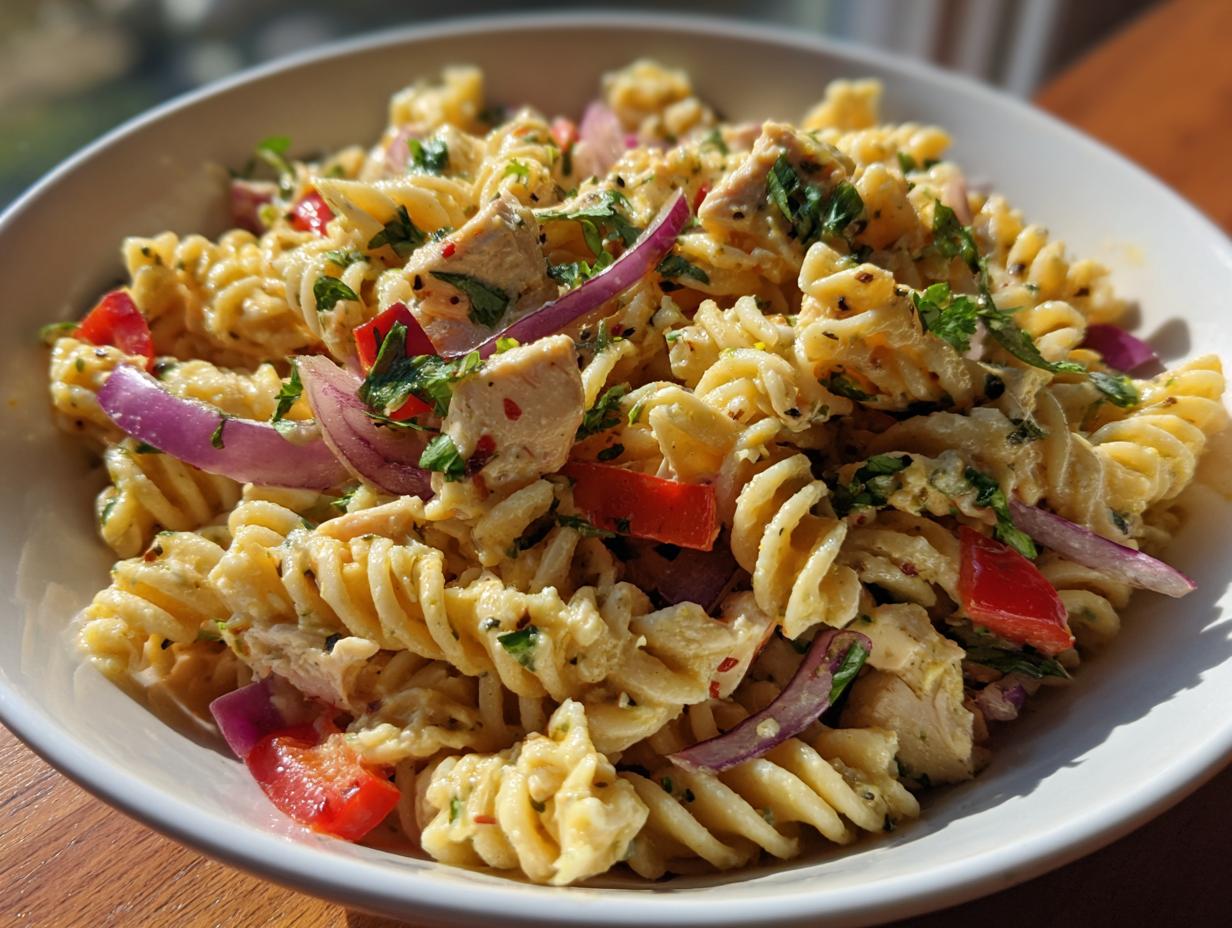 A bowl of delicious Lime Chicken Pasta Salad with rotini pasta, chicken, red onion, and red bell peppers.
