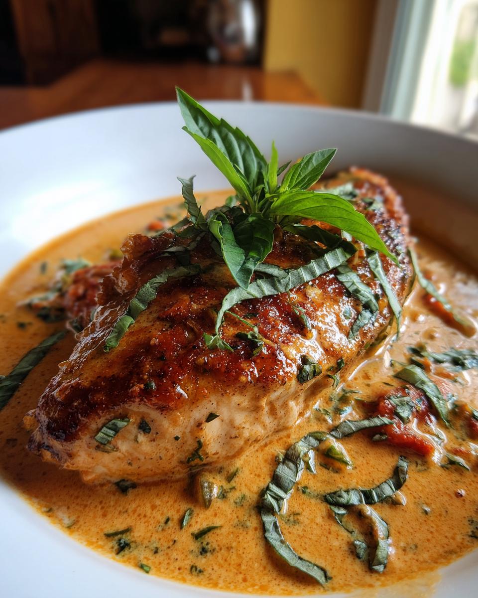 Close-up of creamy Marry Me Chicken with fresh basil garnish, served in a white bowl.