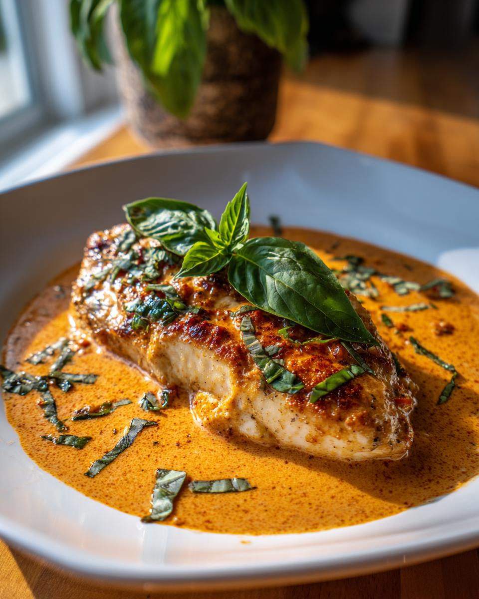 Close-up of creamy Marry Me Chicken dish on a white plate, garnished with fresh basil.