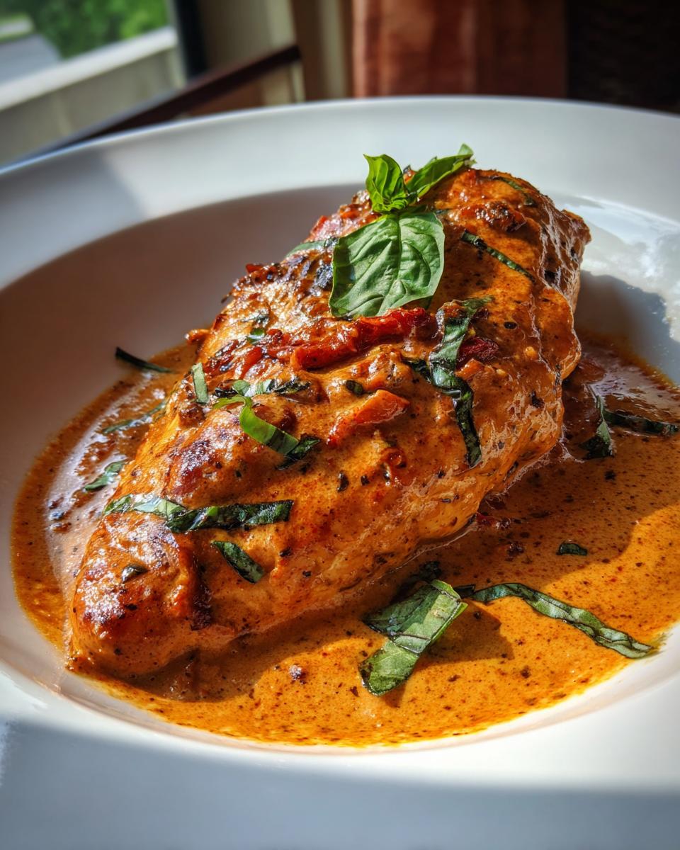 Close-up of Marry Me Chicken in a creamy sauce, garnished with basil, served in a white bowl.
