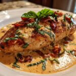 Close-up of Marry Me Chicken, a creamy chicken dish with sun-dried tomatoes and basil.