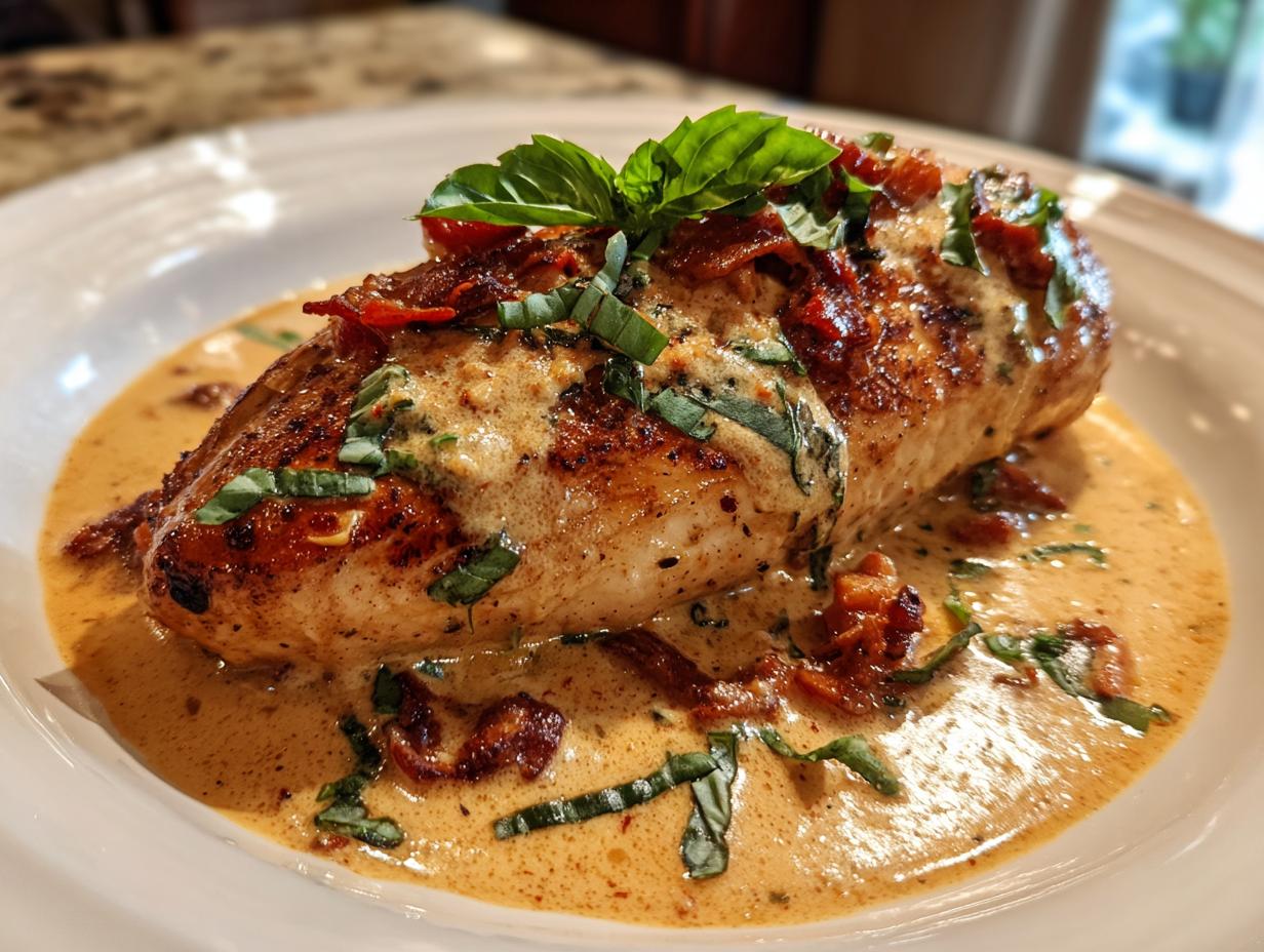 Close-up of Marry Me Chicken, a creamy chicken dish with sun-dried tomatoes and basil.
