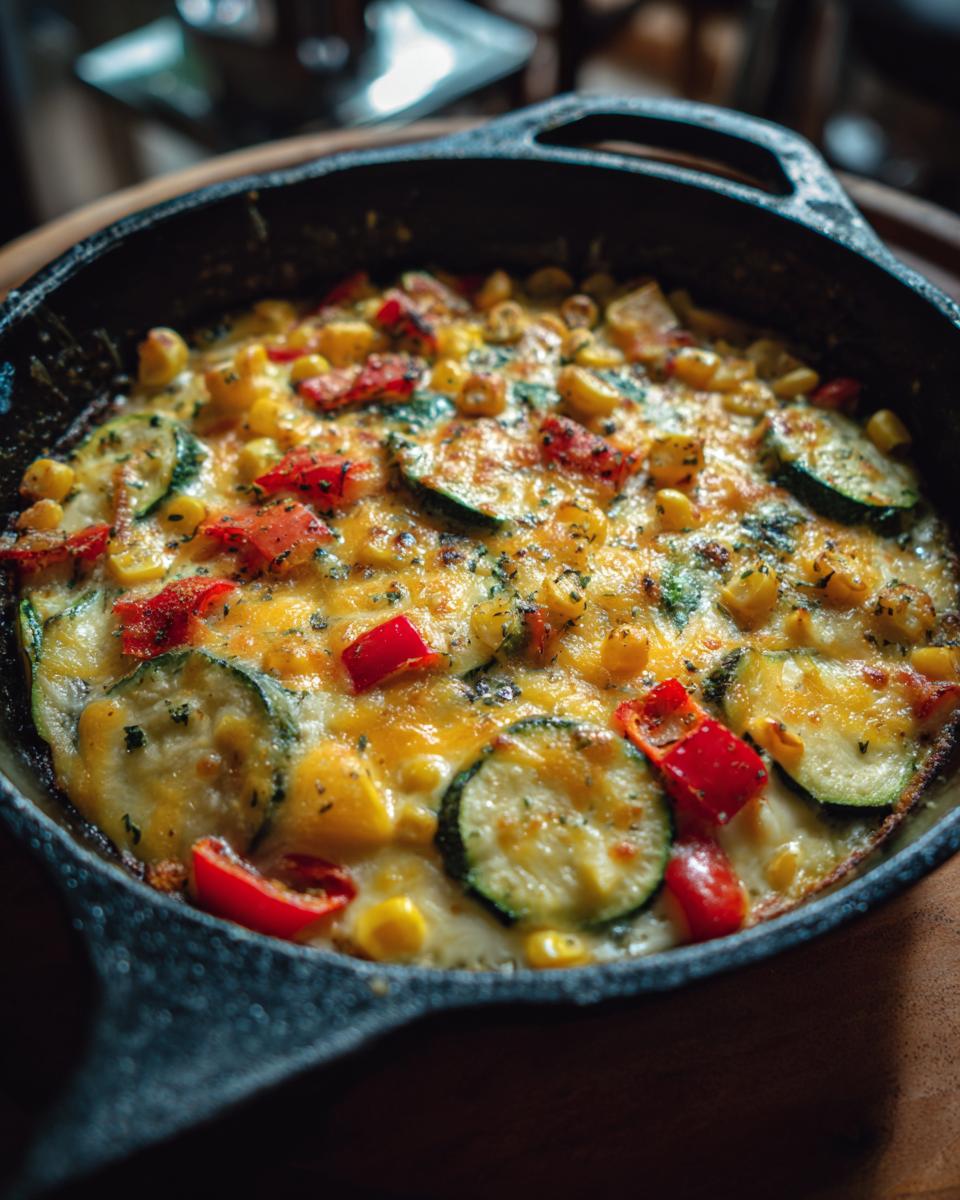 Close-up of a Mexican Zucchini Skillet with zucchini, corn, peppers, and cheese in a cast iron skillet.