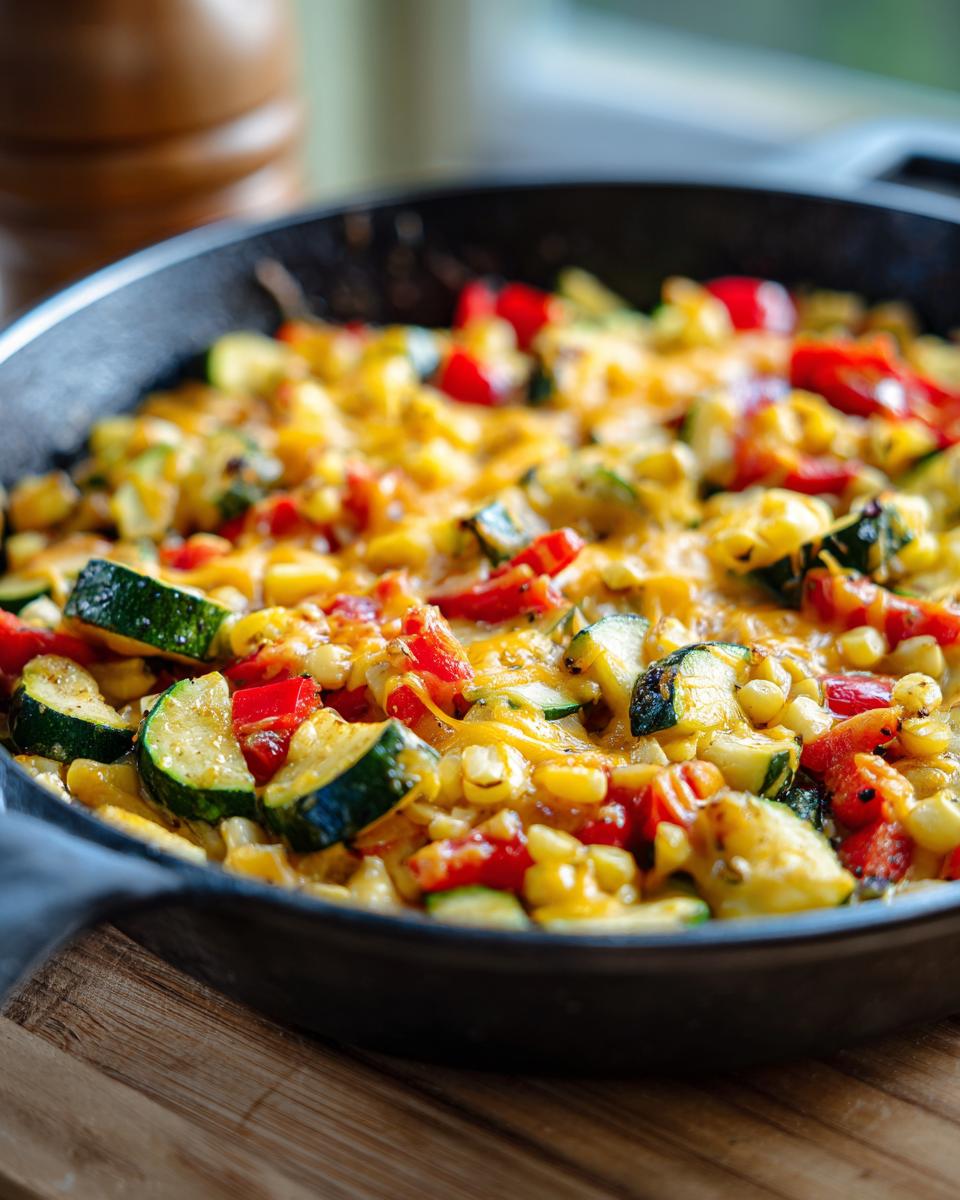 Close-up of a Mexican Zucchini Skillet with zucchini, corn, peppers, and cheese in a cast iron skillet.