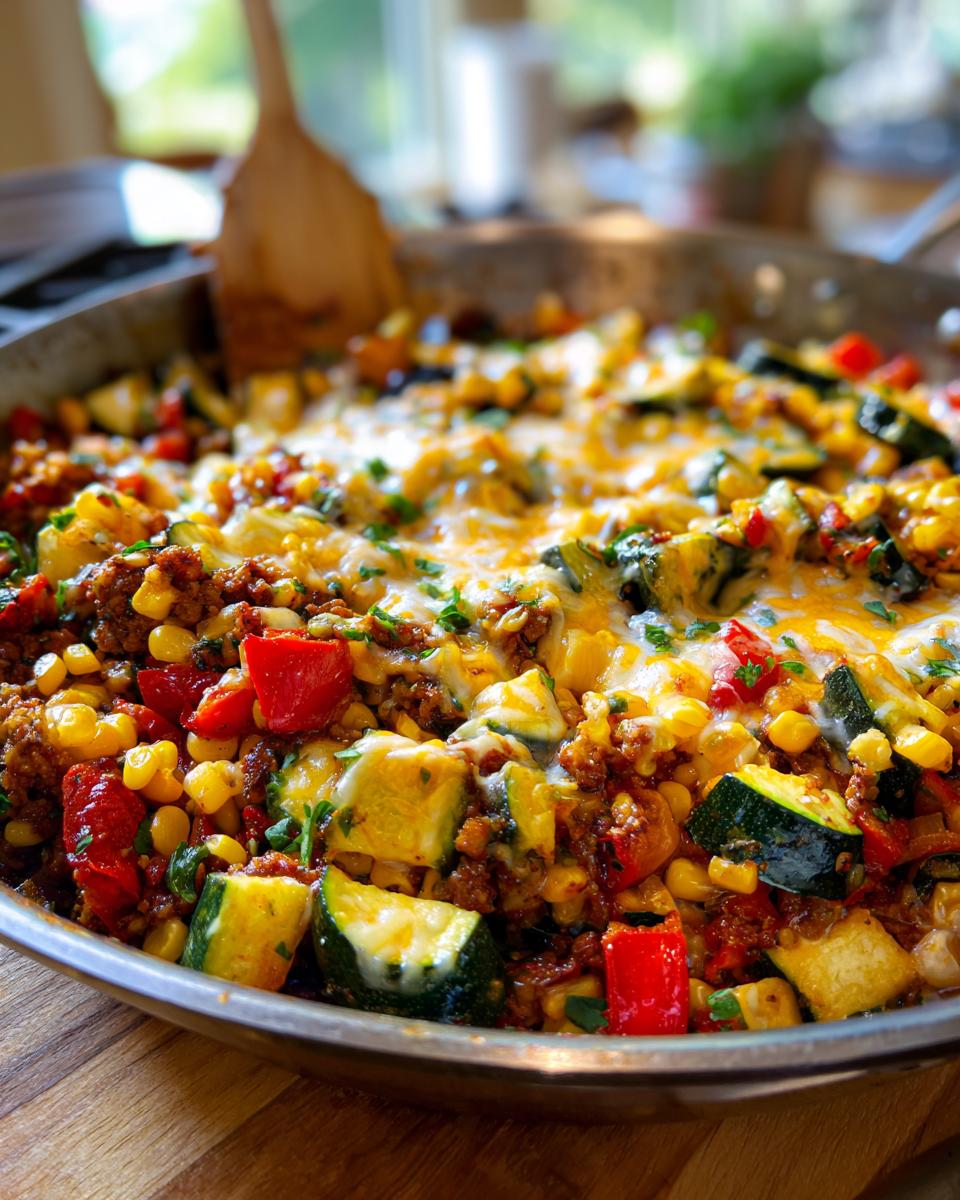 Close-up of a Mexican Zucchini Skillet with zucchini, corn, and cheese.