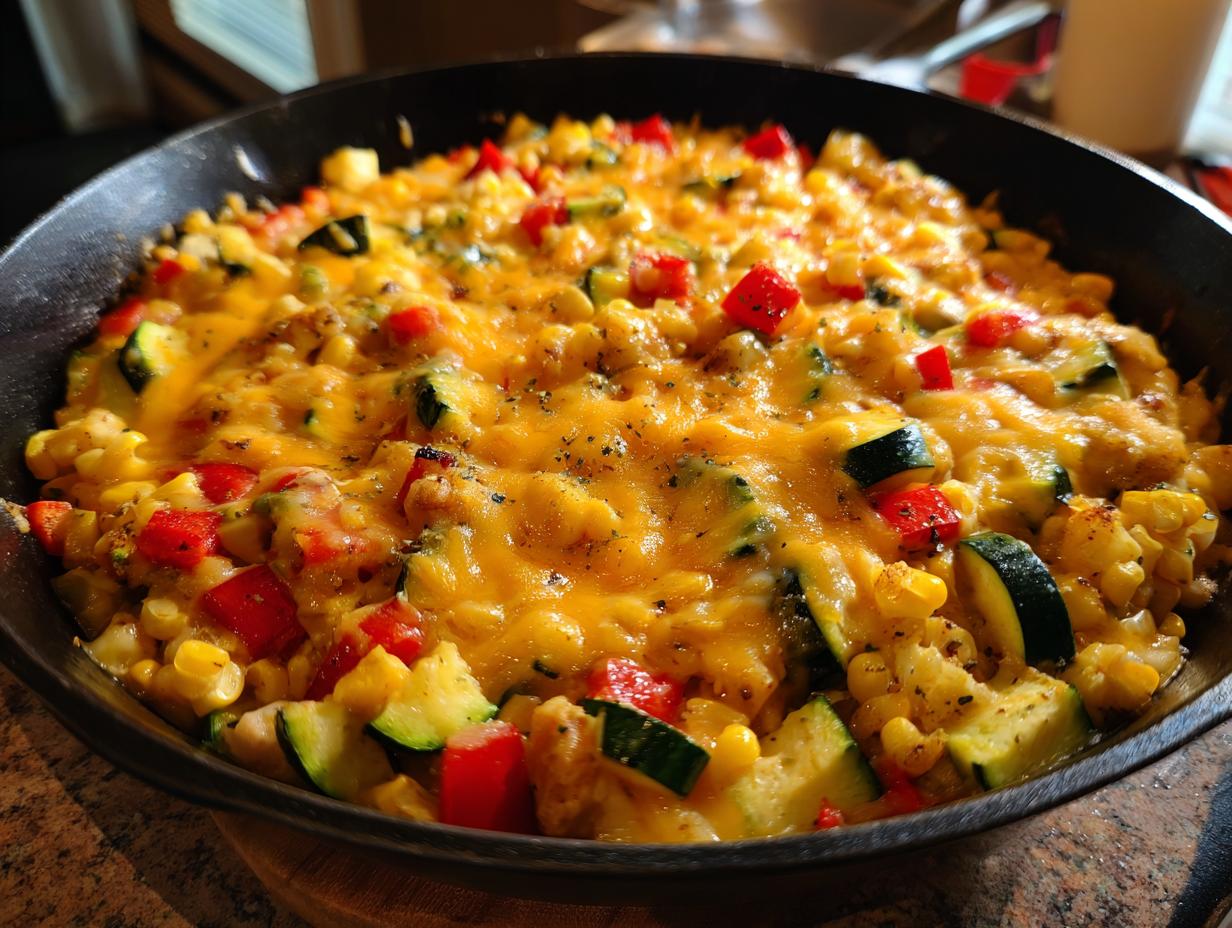 Close-up of a Mexican Zucchini Skillet with zucchini, corn, red peppers, and melted cheese.
