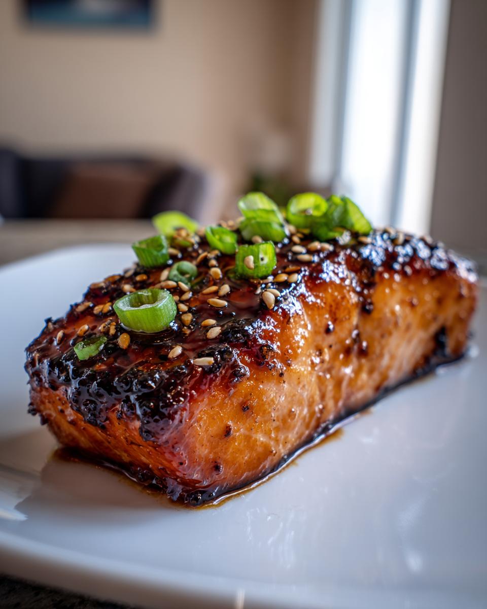 Amazing Miso Glazed Salmon: 30-Minute Dinner 5 Close-up of a perfectly cooked Miso Glazed Salmon fillet, garnished with sesame seeds and scallions.