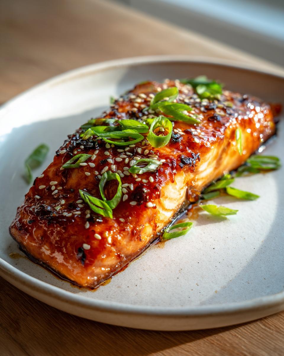 Amazing Miso Glazed Salmon: 30-Minute Dinner 3 Close-up of a perfectly cooked miso glazed salmon fillet on a plate, garnished with sesame seeds and green onions.