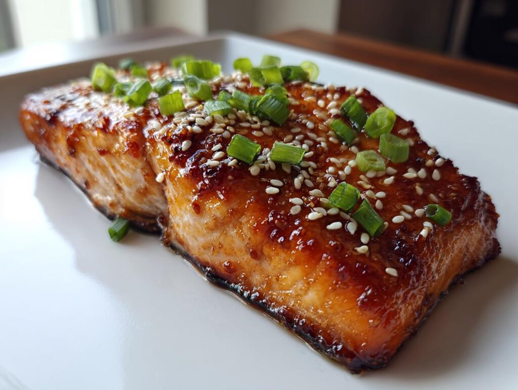 Close-up of a perfectly cooked Miso Glazed Salmon fillet on a white plate, garnished with sesame seeds and scallions.