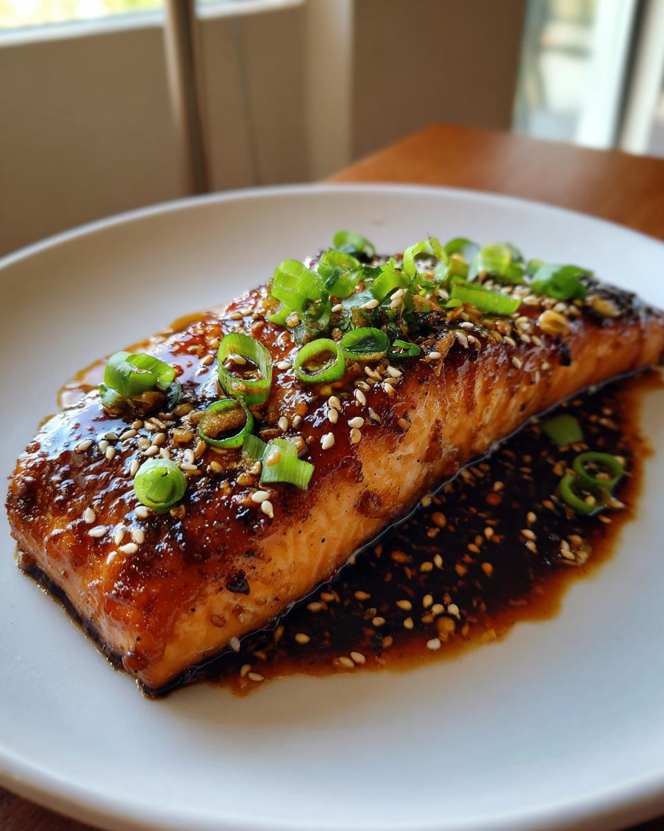 Amazing Miso Glazed Salmon: 30-Minute Dinner 2 Close-up of a perfectly cooked Miso Glazed Salmon fillet on a white plate, garnished with sesame seeds and green onions.