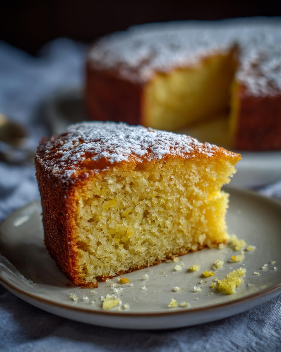 Close-up of a slice of This Cake Is So Moist It Almost Falls Apart, dusted with powdered sugar.