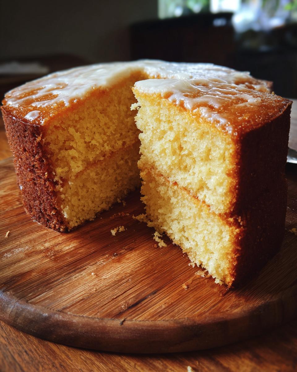 A slice of This Cake Is So Moist It Almost Falls Apart cake, showing the moist texture and glaze.