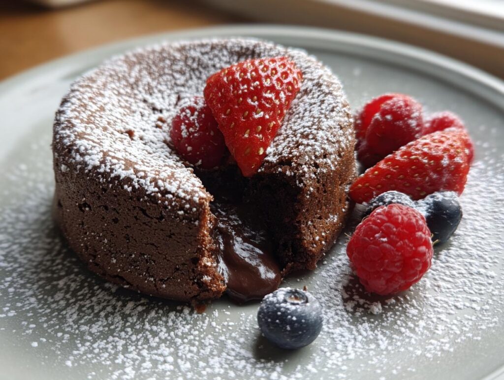 A decadent molten chocolate cake, the dessert I make when I want compliments, with fresh berries and powdered sugar.