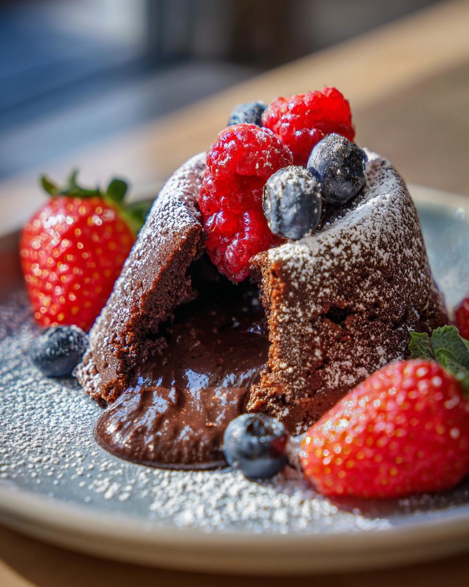 A decadent molten chocolate cake topped with fresh berries, the perfect dessert for compliments.