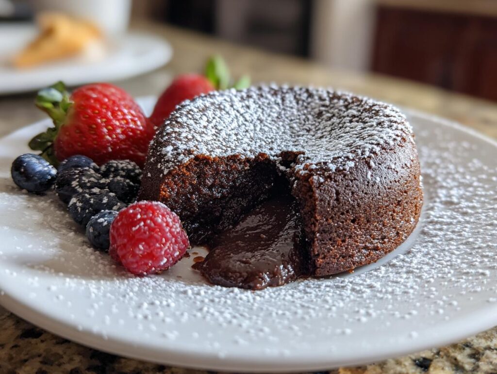 A decadent molten chocolate cake with fresh berries, the dessert I make when I want compliments.