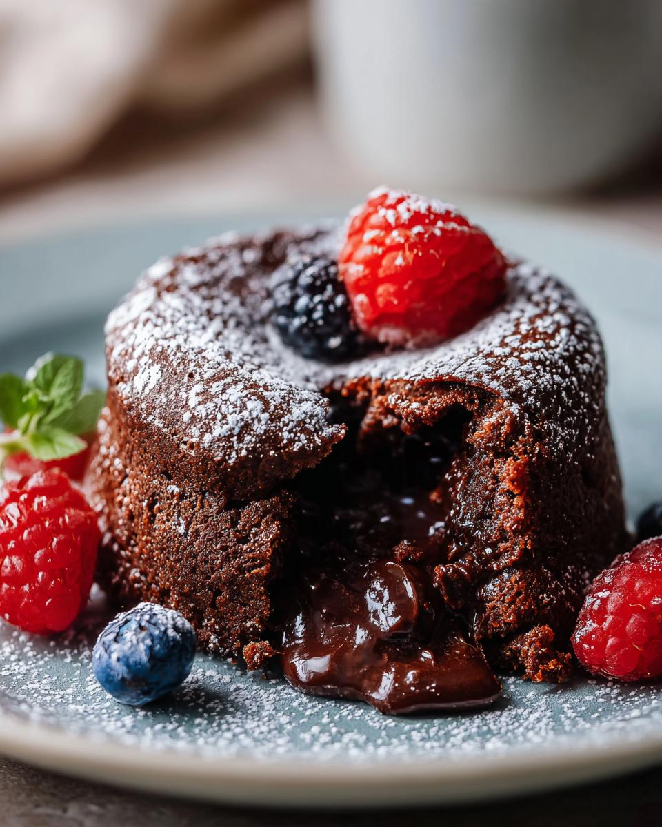 Close-up of a molten chocolate cake with fresh berries, a dessert made to get compliments.