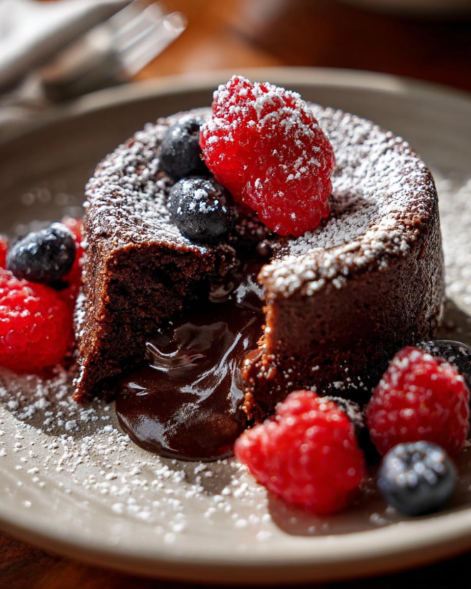 Close-up of a molten chocolate cake with fresh berries, perfect for getting compliments.