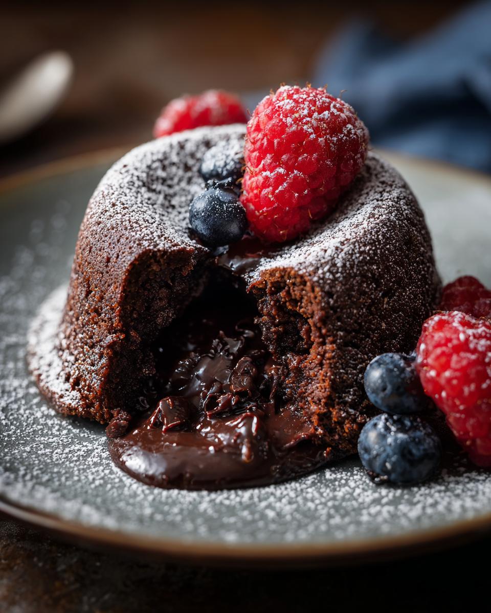 Close-up of a molten chocolate cake with fresh berries, the dessert I make when I want compliments.